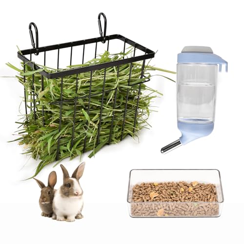 SANGLE SOPFFY Rabbit hay Feeder Small Animal Feeding Set with 350ml Water Bottle, Hay Rack, Pellet Dish for Guinea Pigs, Chinchillas, Bunny- Multifunctional Pellet Food Bowl Dispenser - color: black-3