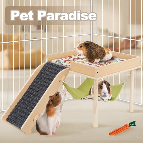 Guinea Pig Hammock with Ramp, Wooden Guinea Pig Hideout Toys with Platform, Guinea Accessories Castle with Soft Mat & Stairs for Cage Small Animals Hamsters Chinchilla Hedgehog Rat Ferret Bunny