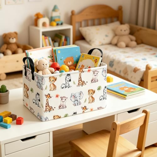 Rectangular Safari Animal Storage Bin, Fabric Closet Organizer Basket | Reinforced side grips, foldable container arranges wardrobe and bedroom daily belongings - color: REC Safari Animal