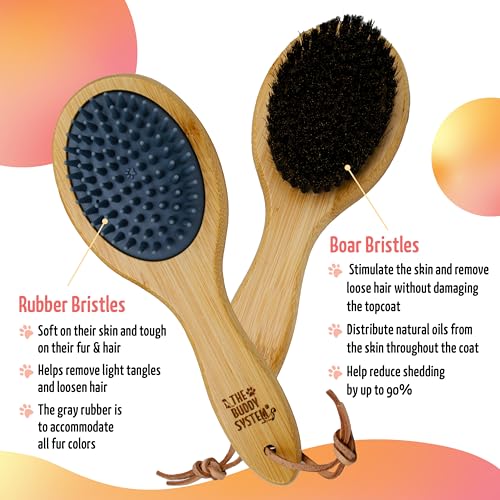 The Buddy System - Combo Bristle Pet Brush, 2-in-1 Brush | Dog & Cat grooming brush with 2 sides for dual capabilities.Durable rubber to losen hair and boar bristle to increase shine.