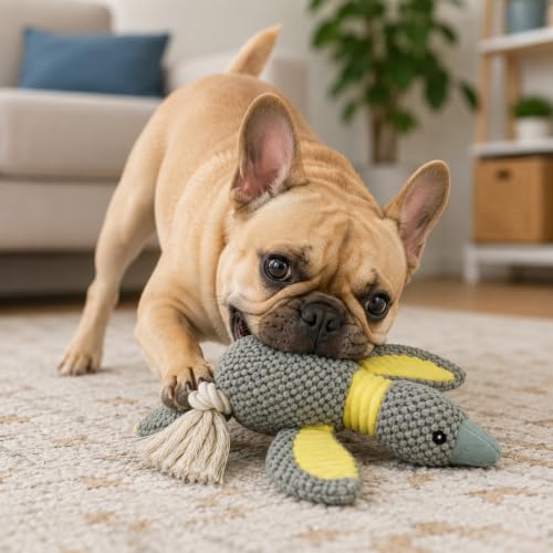 Dog Squeaky Toy Plush Goose Dog Chew Toy with Cotton Rope Tassels, Interactive Tug Toy for Small, Medium and Large Dogs - color: Gray Bird