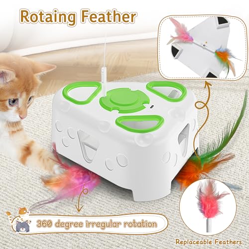 3-in-1 Automatic Interactive Cat Toy, Flying Bird, Mole & Feather | Rotating feather, 3 play modes, cheese-shaped non-slip base, USB-C rechargeable 1200mAh battery, 8-minute auto shutoff - color: White