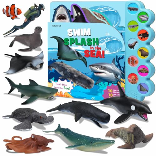 iGRATENS Sea Animal Toys with Sound Books, 10PCS Realistic Ocean Animals Figures & Sea Animals Book with 10 Buttons, Educational Learning Toy for 3+ Year Old Boys, Girls, Kids Birthday Christmas - style: Sea Animals