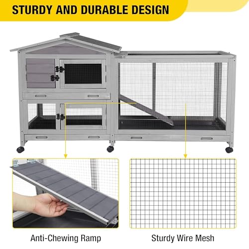 Aivituvin Rabbit Hutch Indoor 2 Story Bunny Cage Outdoor Guinea Pig Cage with Caster Wheels Chicken Coop with Run, 3 Pull Out Tray Grey - color: Grey
