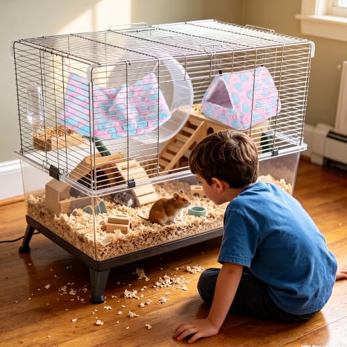 MCEAST 4 Pieces Small Pets Cage Accessories Hanging Hammock Sleeping Bag Tunnel and Bed Hideout Set Warm Sleep Nap Sack Bed for Hamster Ferret Squirrel Rabbit, Pink Hearts - style: Pink Hearts