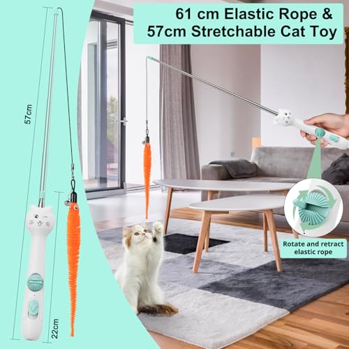TBTeek Cat Toys Retractable Pole Wand Toy with Feather for Indoor Cats | with Light and 22" Retractable Pole with Feather,Rechargeable,5 Modes, 2in1 Interactive Wand Toy 3 Refills - size: 1pc red light with fish pole