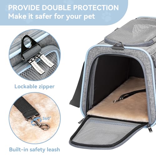 Petsfit Medium Expandable Cat Carrier for Air Travel, Up to 13 lb | 17 x 11 x 11 in; sized for Delta Airlines, with locking zippers, a handy D-ring, large pocket and multi-side ventilation. - color: Light Gray, size: 17.0"L x 11.0"W x 11.0"H