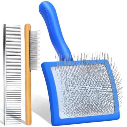 Wooden Long Pin Slicker Brush for Large Dog, Poodles & Doodles Long Hair | Grooming, Fluff & Detangle Heavy Dense Wavy Curly Coats to Easily Prevent Severe Hair Matting During Shedding Seasons - color: Blue