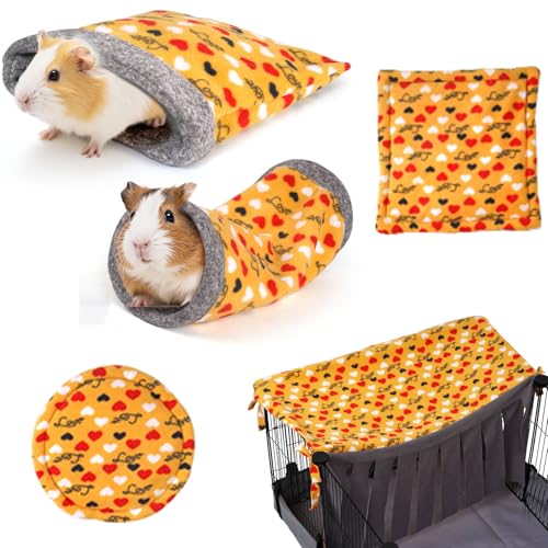 NAPLORD Small Pet Fleece Set,Guinea Pig Snuggle Sack, Tunnel,Fleece Forest Hideout,Square and Round Potty Pads for Guinea Pigs and More - color: Yellow, size: 5-piece set