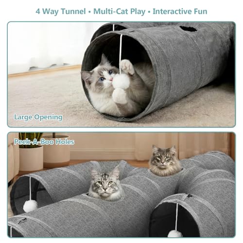 Ownpets Cactus Cat Tunnel 12" with Peek Holes for Indoor Large Cat, Grey | Durable Oxford fabric, noise-free, foldable & connectable, multi-cat friendly, tube for cats up to 20lb, includes ball & wand - size: 12 Inches in Diameter