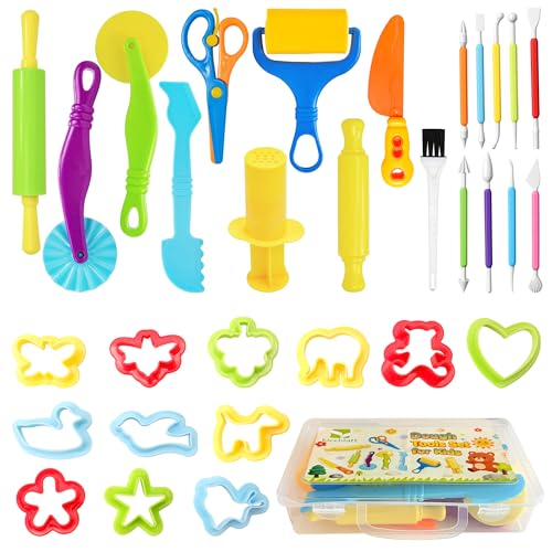 Kleeblatt Dough Tools Set for Kids - 31 Pcs Playdough Kit | 12 animal molds, 9 Basic Dough Tools, 9 Double-Headed Clay Carving Tools, 1 Cleaning Brush, Exquisite Box - color: KT-DoughTools-3