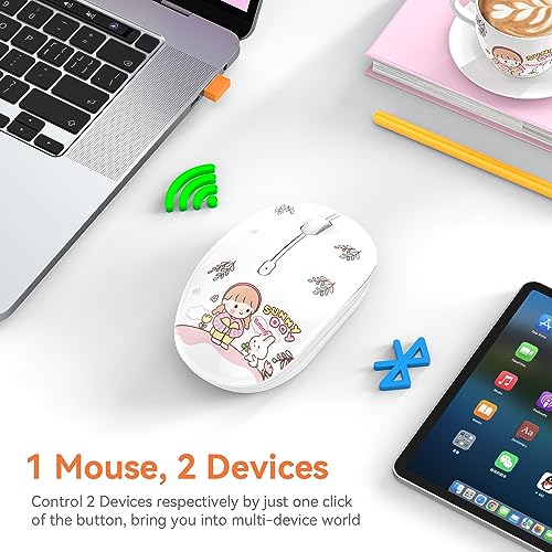 FMOUSE Cute Cartoon Silent Wireless Mouse, Dual Mode Bluetooth & USB 2.4G | Rabbit & Girl Pattern, Ideal for Kids Students & Office Use | AA Battery Powered | Compatible with Laptop Mac iPad Tablet PC - color: Rabbit & Girl