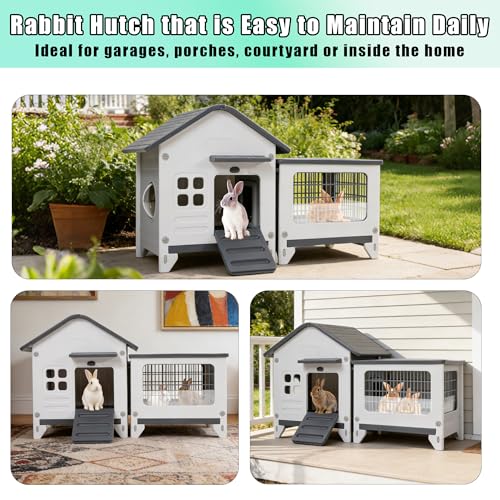 Rabbit Hutch Indoor & Outdoor with Extended Play Area, Plastic Rabbit Hutch with Sloped Roof Drainage, Panoramic Windows, Urine Barrier & Pull-Out Tray, Rabbit Cage with Run Easy to Clean and Assemble - size: 45"L*20"W*27"H