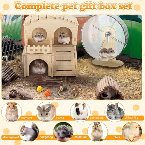11 Pcs Hamster Cage Accessories Set, Bridge, Exercise Wheel, Swing, Chew Toys & More, Natural Wood Hamster Play Set for Dwarf Hamsters, Mice Small Animals Habitat(Wooden Hawaii House) - style: Wooden Hawaii House