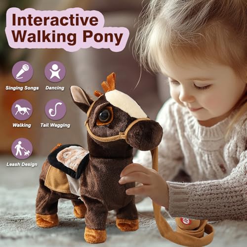 Marsjoy Black Walking Pony Toy Musical Singing Dancing Plush Interactive Walk Along Toy Horse with Leash Pony Robot Stuffed Animal for Boy Girl Ages 3+ H: 11.81" Age 3+ - color: Black Pony
