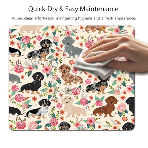 Dachshund Floral Seamless Design Mouse Pad, Sausage Dog Wiener Desk Mat | Pink Rose Flowers, Boho Puppies Animal Art, 9.5"x 7.9", Cute Smooth & Anti-Slip Mousepad - color: Sausage Dog