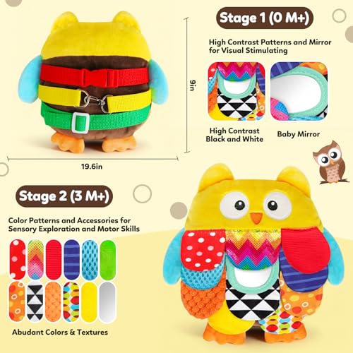 GKDOMS Vibrant Sensory Owl Plush Stuffed Animal Baby Toy Tummy Time Multi-Textured Squeaking & Crinkling Learning Toy for Busy Hands Babies 0-36Months, Baby Shower 1st Birthday Gifts - color: Colorful