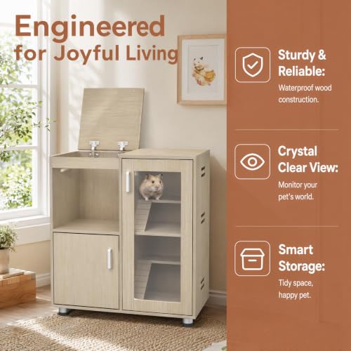 Guinea Pig Cages, Hamster Cage Wood with Independent Storage Cabinet, House for Rat Chinchilla with Guinea Pig Hutch and Bridge, Openable Top with Acrylic Sheets (Beige) - color: Beige