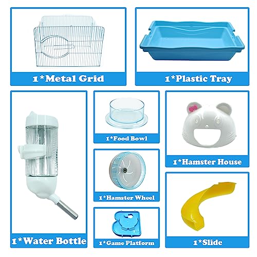 2-Tier Portable Hamster Cage and Habitats, Travel Metal Mouse Cages with Free Water Bottle, Houses and Exercise Wheel for Any Breed of Hamster and Small Animal (14.6x11.0x11.8inch Blue) - color: 【Blue】