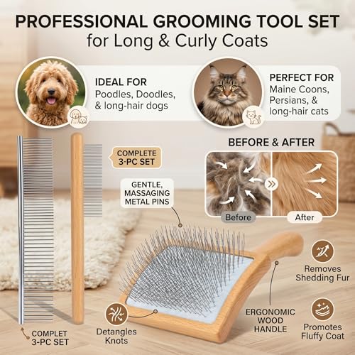 Wooden Long Pin Slicker Brush for Dog, Poodles & Doodles Long Hair | Grooming, Fluff & Detangle Heavy Dense Wavy Curly Coats to Easily Prevent Severe Hair Matting During Shedding Seasons - color: Wood