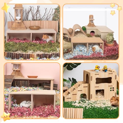 2-Chamber Hamster Tunnel & Wooden Climbing Ladder Bridge，Wooden Hamster Hideout with Ladder for Dwarf Syrian Hamsters Gerbils Mice or Other Small Pets