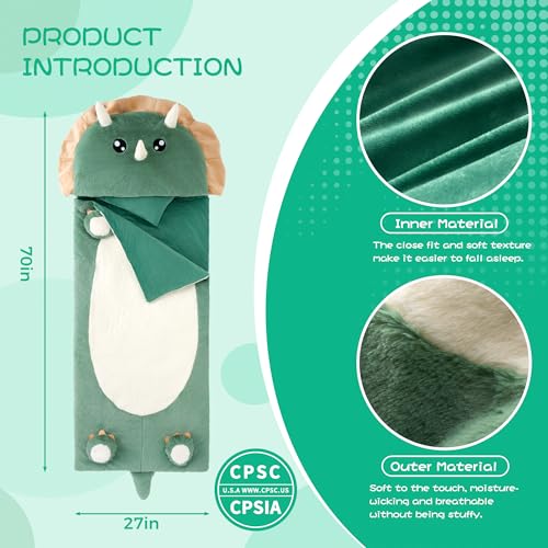 70" 4.2lbs Kids Sleeping Bag with Pillow Green Dino Toddler Nap Mat | Sleep Sack 2-in-1 Sleeping Mat&Blanket Washable Rolls Up W/Handle For Daycare Kindergarten Thick Soft & Portable In Gift Box - color: Dinosaur-Green