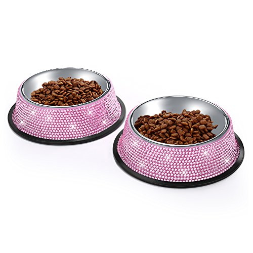 SAVORI Bling Dog Bowls Pink, 640ML Handmade Bling Rhinestones Stainless Steel Pet Bowls Double Food Water Feeder for Puppy Cats Dogs - Set of 2 - color: 640ml-Pink2