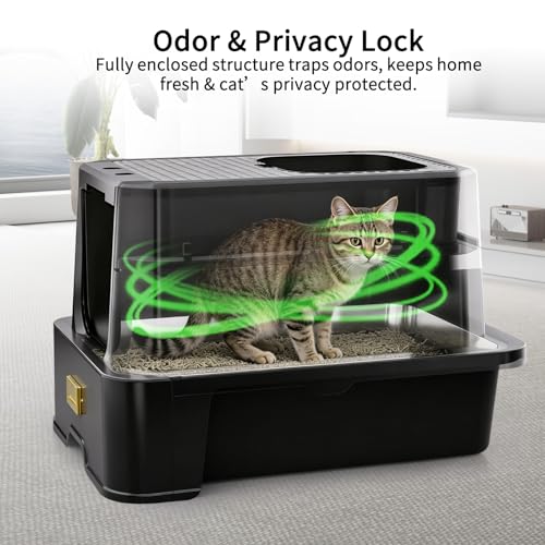 RIZZARI Enclosed Cat Litter Box: Stainless, Top Entry, Easy Clean | Built-In Deodorizer Spray / Extra Large / High Splash Sides / Top-Exit Tracking Control / Slide-Out Drawer / Apartments - color: Carbon black with gun