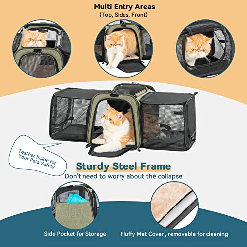 Petsfit Pet Carrier Airline Approved, Cat Carrier with Locking Zipper and Shoulder Strap, Storage Pockets, Expandable Pet Carrier Small Dog Carrier up to 15 Pounds Army Green M - color: Green, size: 17.0"L x 11.0"W x 11.0"H