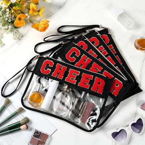 Kacctyen 20 Pcs Black Chenille Letter Cheer Bags Bulk Cheerleader Clear Makeup Bags Snacks Pouch Bulk Preppy Patch Cosmetic Pouch with Wrist Strap Zipper for Travel Team Cheerleaders - color: Black