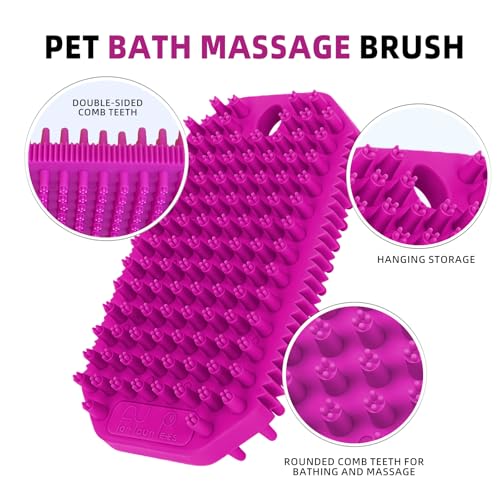 Rose Red 3-in-1 Double-Sided Dog Shampoo Brush Dog Washing Brush | Soft TPR Bristles,Pet Massage Bath Brush for Dogs&Cats,Remove Loose Hair Knots,Gentle Pet Grooming Tool Deep Cleansing