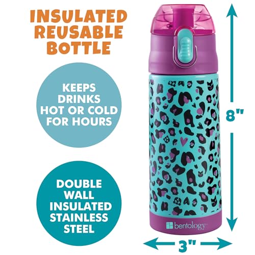 Bentology Stainless Steel 13 oz Reusable Water Bottle for Kids, Cheetah - Double Wall Insulated, Spill Proof Lid w/Built-in Straw- Keep Liquids Hot or Cold For Hours- Fits in Lunch Boxes & Bags - color: Cheetah