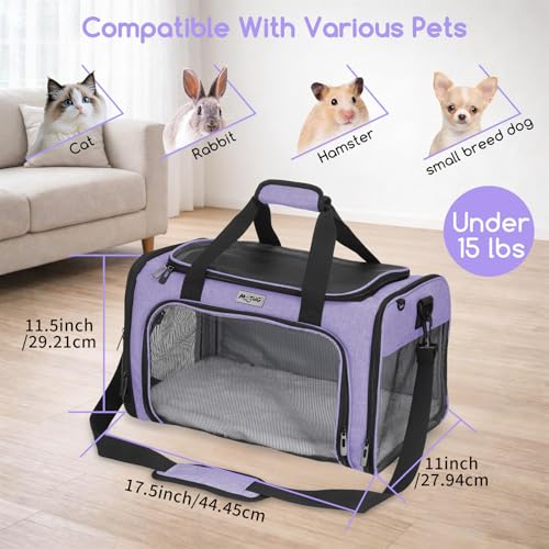Pet Carrier for Cats & Small Dogs, Travel Carrier with Anti-Collapse Support, Chew Resistant Buckles, Luggage Sleeve, Multi-Pocket Storage, Reversible Mat & Bowl (Purple, Medium (17.5"x11"x11.5")) - color: Purple
