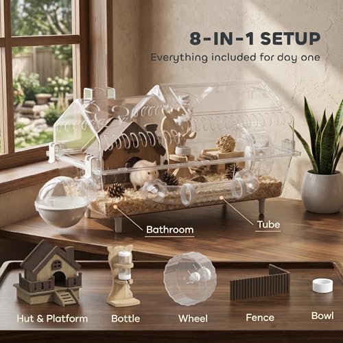 PawHut 8 in 1 PET Hamster Cage 21.5 x 11.8 x 12.6 Inches | Dwarf Hamster Cage, Large Wheel and Hideout, Small Animal Habitat, Accessories, Clear Pet House