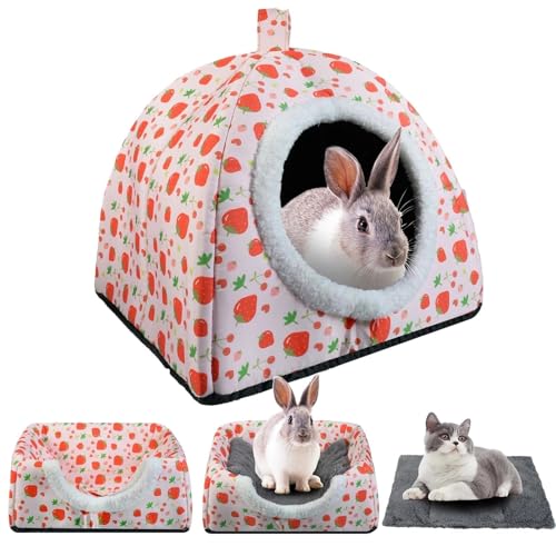 Warm Rabbit Hideout, Washable Strawberry Fleece Hut for Guinea Pigs | Hideaway House with Strawberry Design, Cozy Fleece Hut for Indoor Rabbits Guinea Pigs and Other Small Animals