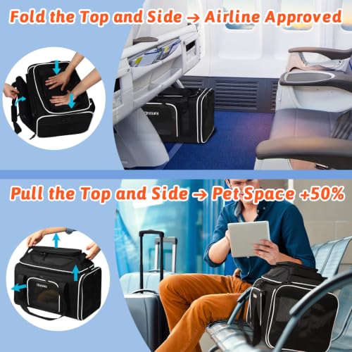Top and Side Expandable Small Pet Carrier Airline Approved, Black | 18"Lx13"Wx9.5"H, for Southwest Airlines, Pets Under 10 Lbs, Lockable Zippers,Soft-Sided, Anti-Scratch Mesh - color: Black, size: 18.0"L x 13.0"W x 9.5"H