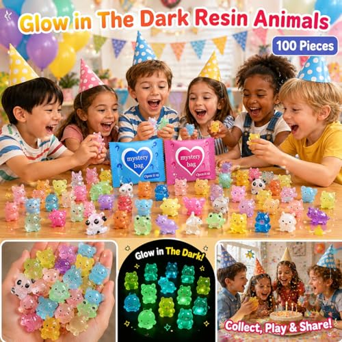 100 PCS Mystery Bag Mini Resin Animals, Glow in The Dark Tiny Animal Figurines Blind Bags Bulk, Cute Mini Resin Figures Surprise Box Toys for Kids, Classroom Prizes Goodie Bag Stuffers Party Favors - color: 100pcs Animals