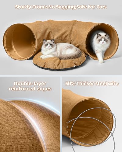 Linen Cat Tunnels with Central Cat Bed, Interactive Cat Toys Detachable Washable Soft Mat Large Indoor Play Tunnel Cave for Kittens and Small Animals - color: Linen Brown