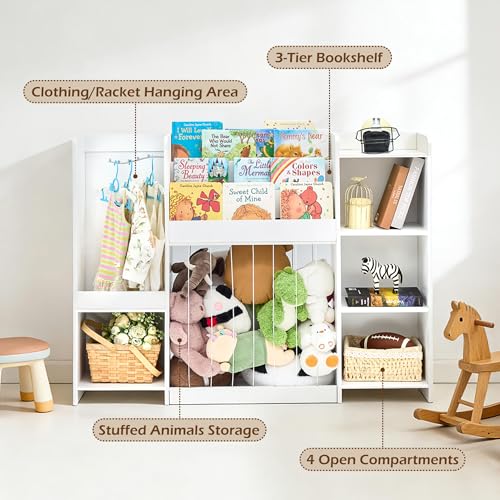 Kids Toy Storage Organizer with Bookshelf, Toy Shelf with 4 Open Cubbies, Clothing/Racket Hanging Hook Area & Stuffed Animal Cage, Large Wooden Organizer Storage Chest for Playroom Bedroom Nursery
