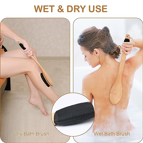 OWIIZI Antiskid Back Scrubber for Shower with Natural Horsehair Bristles | 17.2" Wooden Curved Long Handle Bath Brush,Shower Brush for Exfoliating,Back Scrub Deep Cleanse for Back Use Wet or Dry