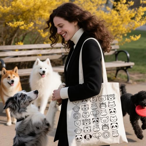ANATTASOUL Canvas Tote Bag Reusable Cotton Bag for Women, Large 14.96"x 15.74" Cloth Shoulder Bags with Zipper Pockets - style: Animal Portraits
