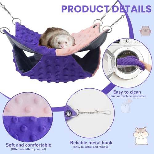 YedsIntu 3 Pcs Guinea Pig Hammock, Rat Ferret Hamster Hanging Hammock Guinea Pig Accessories for Small Animals Chinchilla Parrot Sugar Glider Ferret Squirrel (11"×11") - color: Purple + Pink, Purple + White, Black + White