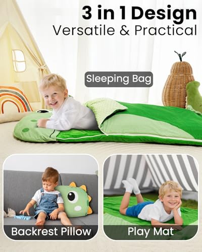 Kids Sleeping Bag, 3 in 1 Larger Plush Animal Toddler Nap Mat | Slumber Bag for Travel Sleepover Birthday Daycare Preschool Kindergarten, Boys Girls - color: Green Dinosaur, size: 70"*27"