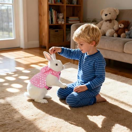 Rabbit Harness and Leash Set, Pink Polka Dot Bunny Suit | Cute Easter Bunny Clothes with Cute Bow for Outdoor Training Camping Walking Escape Proof Pink(S) - size: S