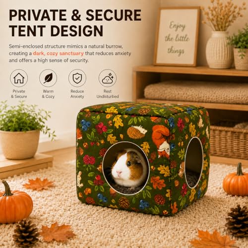 Guinea Pig Hideout House with Removable Cushion, Washable Small Animal Cube Bed, Cozy Bunny Hideaway for Guinea Pigs, Chinchillas, Hedgehogs, Hamsters & Dwarf Rabbits - color: Green Forest