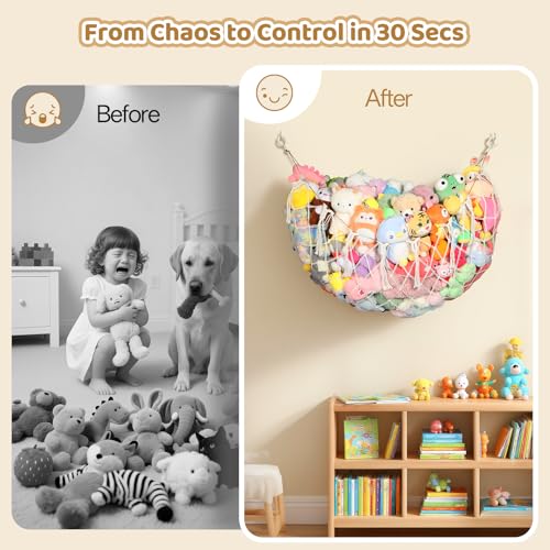 YECAYE Stuffed Animal Net, 60 Inch Plushies Storage, 1 Pack, Cream White | Large Capacity, Handwoven Design, Wall Mounted with Anti-Slip Hooks, Flexible Hanging, Space-Saving Stuffed Animal Storage - color: Cream White, size: 1 pack