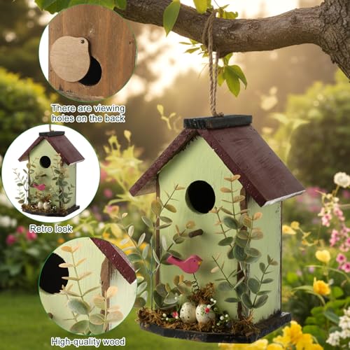 DoubleFill 2 Pcs Birdhouses for Outdoor Hanging Yard Outside Wooden Birdhouse Hand Painted Bird Box for Bird Lovers Bluebird Tree Garden Decor Decorative Birdhouse(Blue,Light Green,Iron Roof) - color: Blue,Light Green, size: Iron Roof