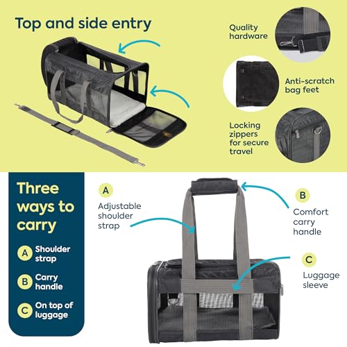 Sherpa Pet Carrier Airline Approved with Spring Wire Frame - Cat Carrier and Dog Carriers for Airline Travel and Vet Visits, Mesh Ventilation, Locking Zippers - Charcoal Grey, Large - color: Charcoal Gray, size: 19.0"L x 11.5"W x 11.8"H