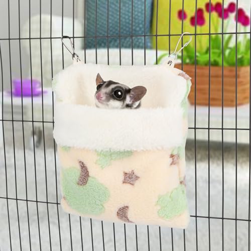Sugar Glider Sleeping Pouch Hanging Bed for Small Pets, Green | Soft flannel warm & cozy, pouch snuggle design, metal hooks for easy hang, portable, fits hamsters/rats/hedgehogs/squirrels - color: Green