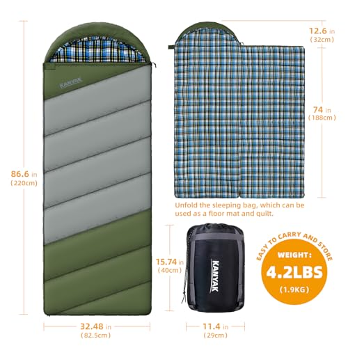 Cotton Flannel Lined Sleeping Bag for Adults Teens Kids, Cold Weather & Warm, 3 Seasons, Lightweight Compact Camping Essentials Equipment, Hiking, Outdoor, Travel - color: Green Grey